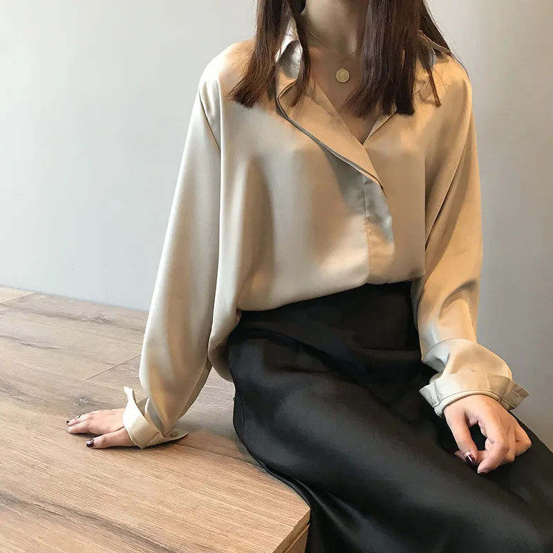

2021 Spring Autumn Fashion Women Smooth Blouse Solid Korean Shirt Office Lady Blusas Elegant Blouses C84