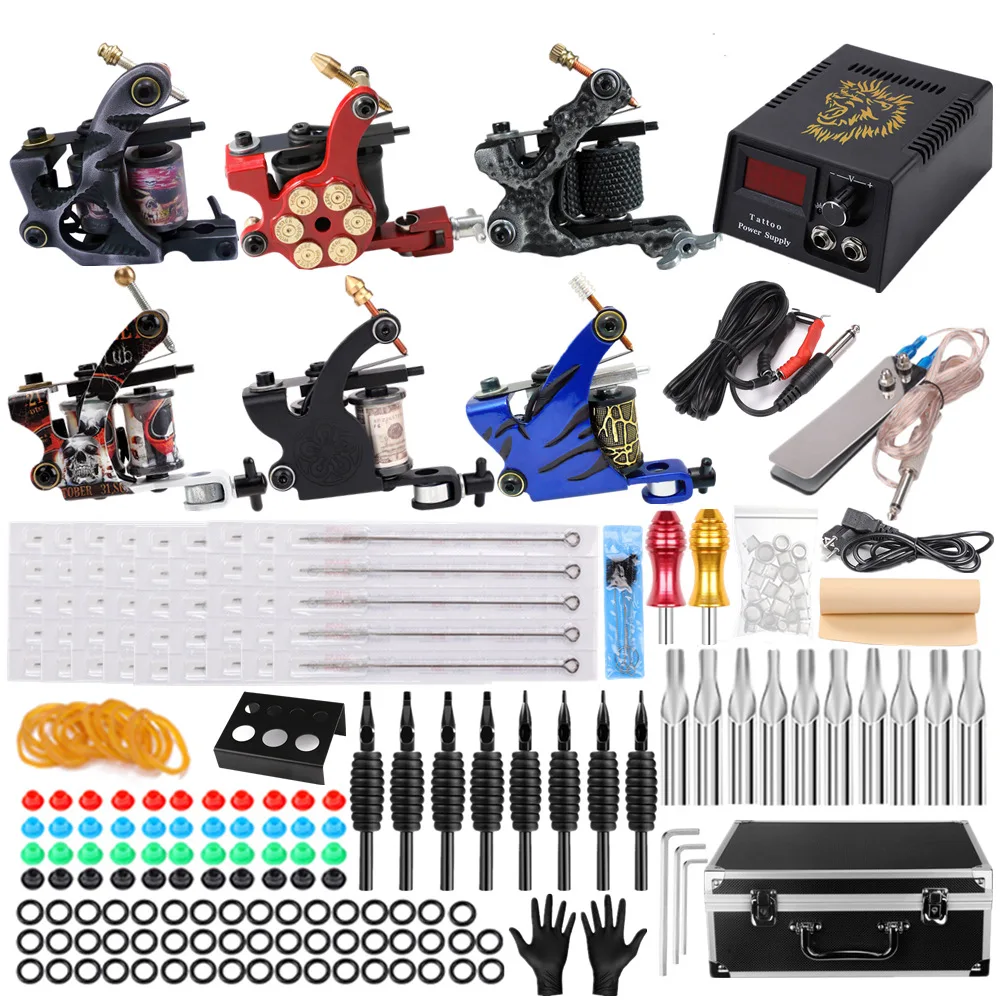 

professional Tattoo Machine kit 6 coil tattoo machine power supply pedal tattoo needle SET liner shader tattoo machine