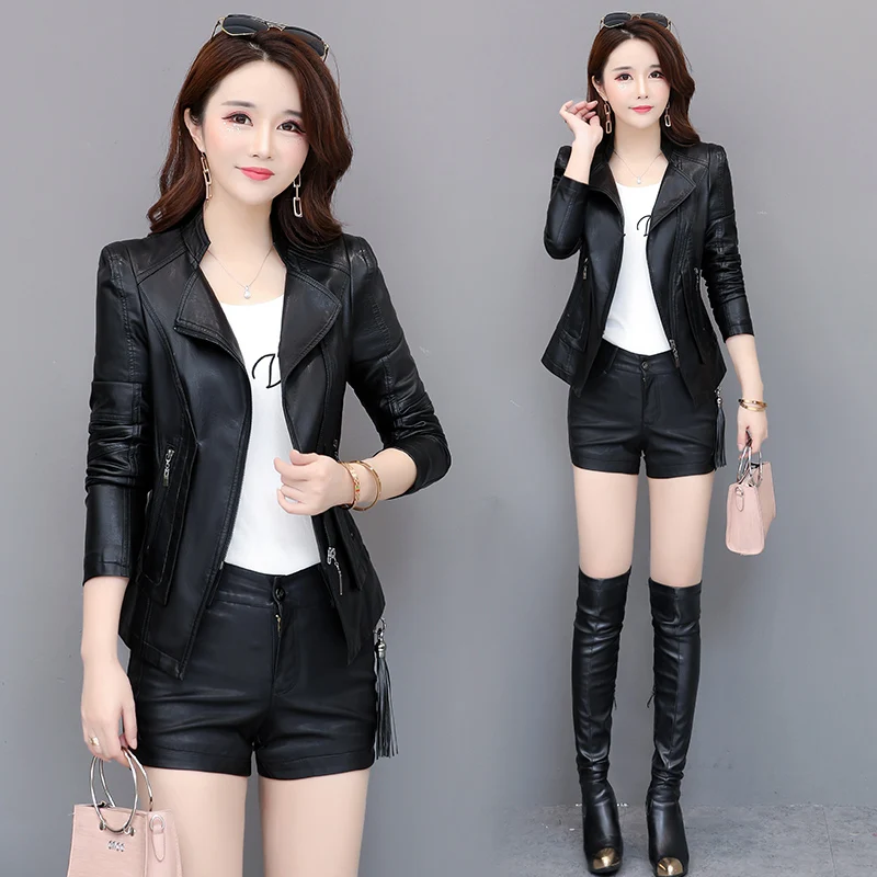 Женская короткая куртка из искусственной кожи демисезонное пальто на молнии