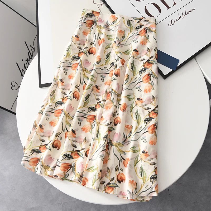 

FOLOBE Summer Vintage Print Skirt Women High Waist Midi Casual Elegant Print Female Folds Skirt Maxi Beach Skirt femmel 2021
