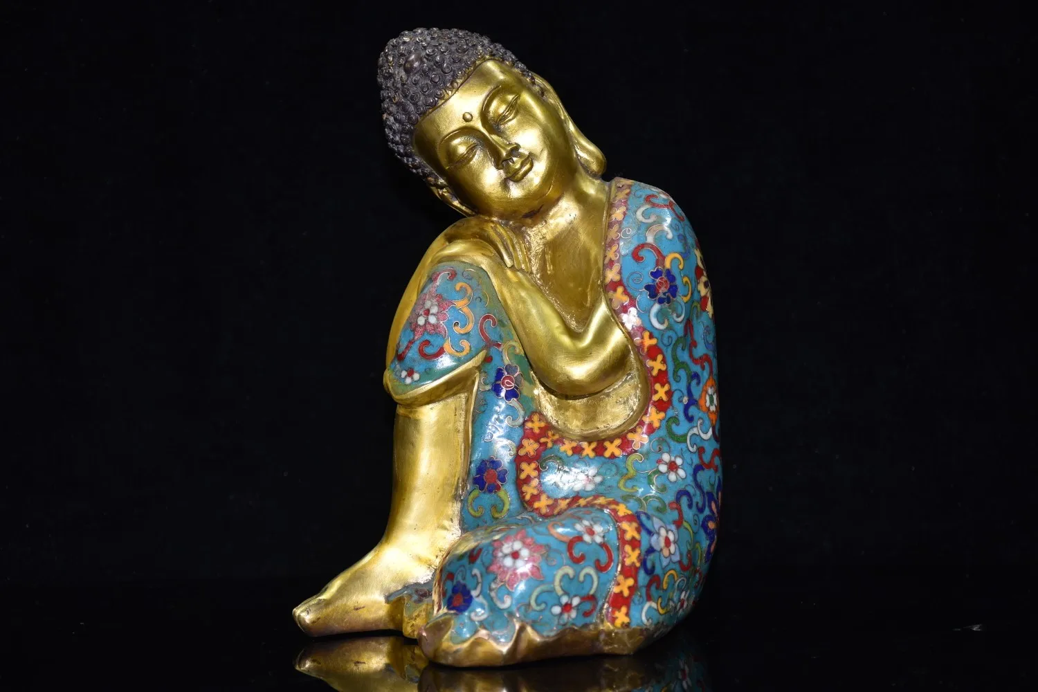

9"Chinese Folk Collection Old Bronze Cloisonne Shakyamuni statue meditation Sleeping buddha Ornaments Town House Exorcism