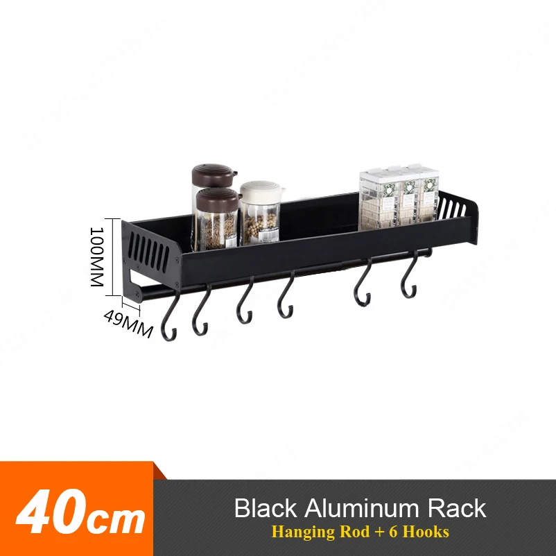 B-40cm Rack-Rod Многофункциональный кухонный держатель настенная кухонная стойка для Хранения Алюминиевая приправа банка Кастер Полка золотой черный кухонные аксессуары - Цвет: B-40cm Rack-Rod