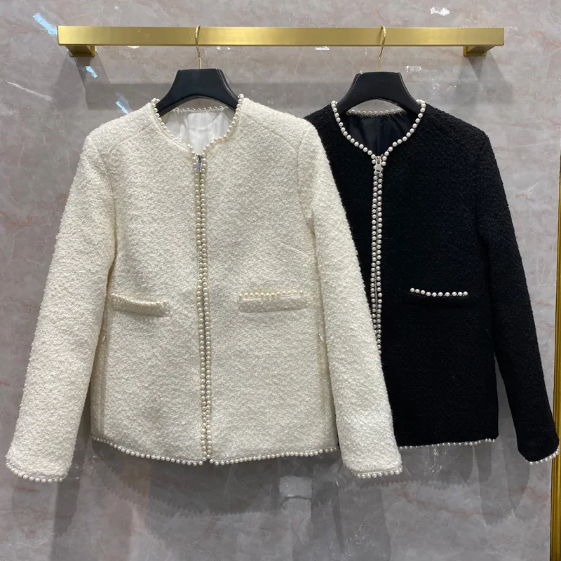 Новое поступление, дизайнерское высококачественное шерстяное пальто для женщин, модное твидовое пальто с жемчужинами и бисером ovecoat C706