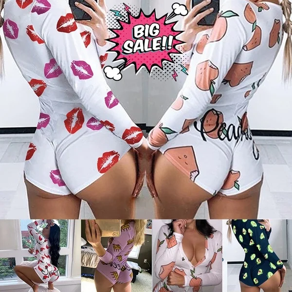 

HOT Women Sexy V-Neck Bodycon Bodysuit Casual Printed Button Sleepwear Jumpsuit Print Bodycon Sleepwear Jumpsuit S-XXL