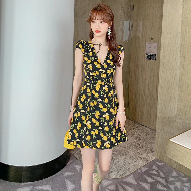 

Fashion Summer Korean Vintage Short Sleeve Mini Party Dress Ladies OL Elegant Streetwear Hollow Print Beach Vacation Short Dress