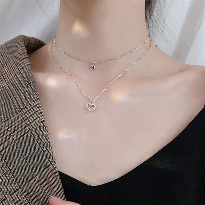 

925 Sterling Silver Tassel Double Chain Zircon Heart Charm Pendent Necklace For Women Girls Party Jewelry Choker Collar dz252