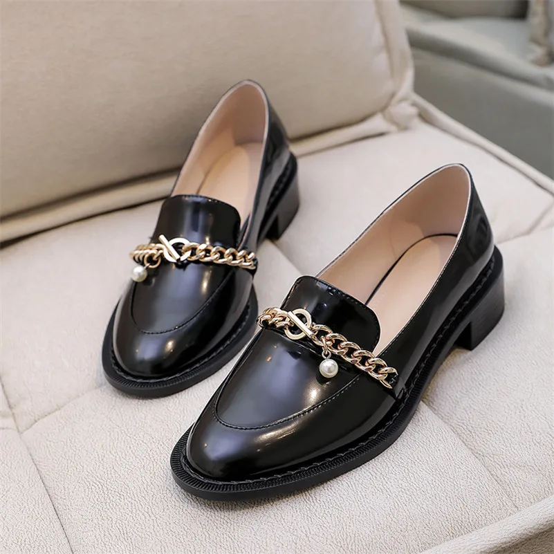 

ANNYMOLI Loafers Shoes Women Genuine Leather Low Heels Block Heel Pumps Chain Round Toe Shoes Fashion Female Footwear 2021 Black