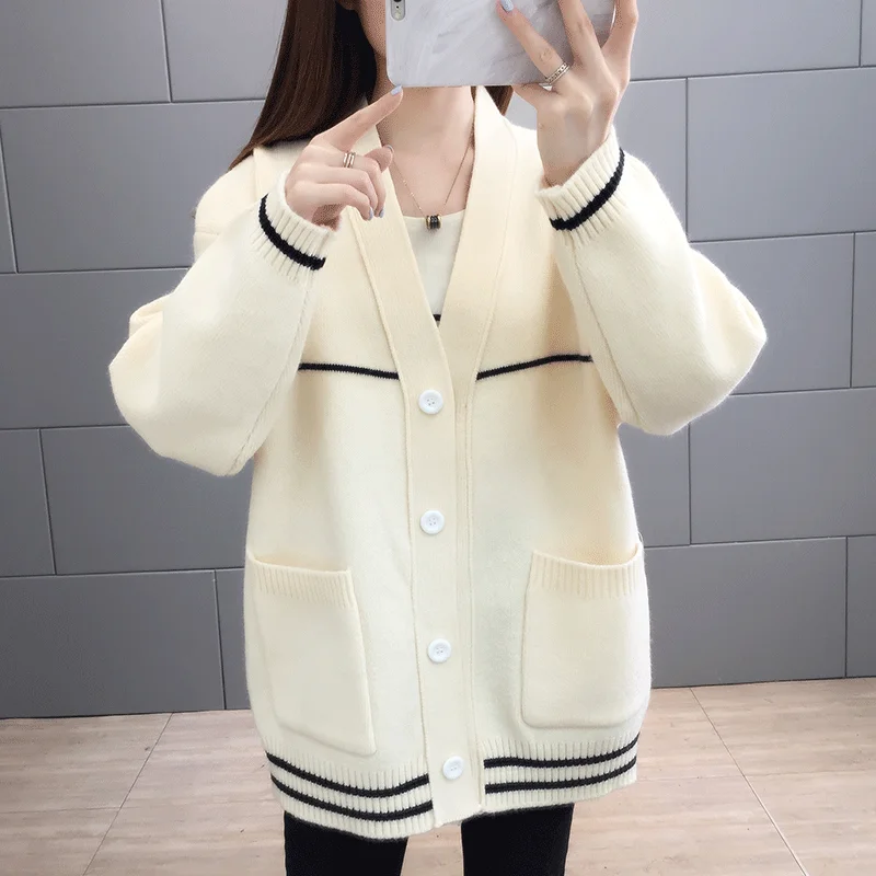 

Autumn Winter Knitted Korean Women's Sweaters Women Loose Outer Wear Lazy Knit Sweater Cardigan Jacket Fall 2020 Women Clothing