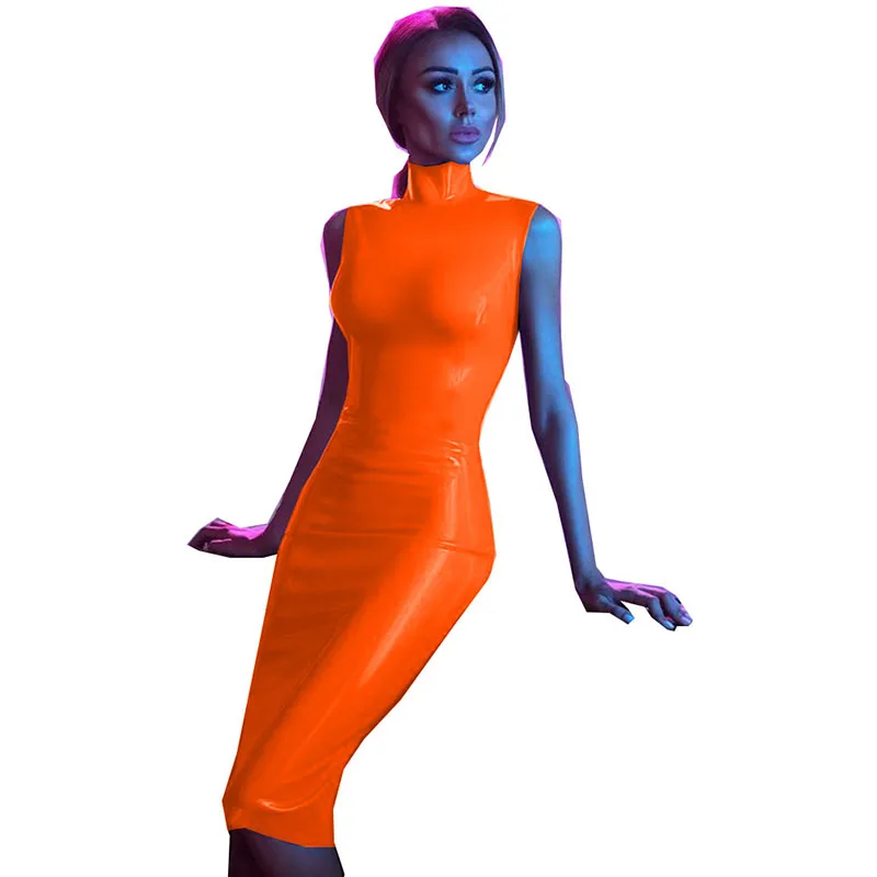 Женское глянцевое Платье До Колена без рукавов с высокой горловиной и бедрами