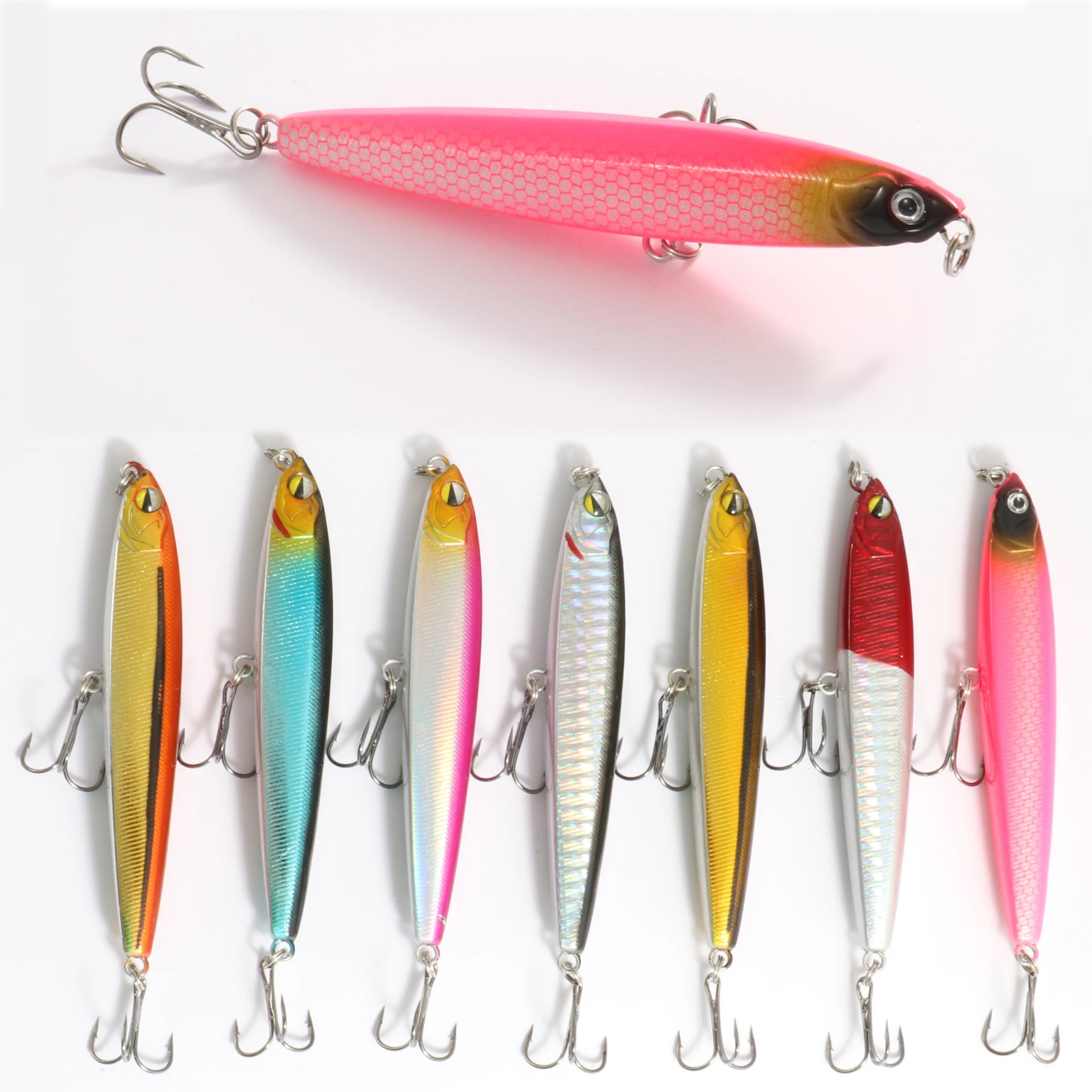 

Pencil Sinking Fishing Lure Fish Hook 3D Eye Trolling Minnow Luminous Swimbait Crankbait Holographic Catfish Artificial Bait