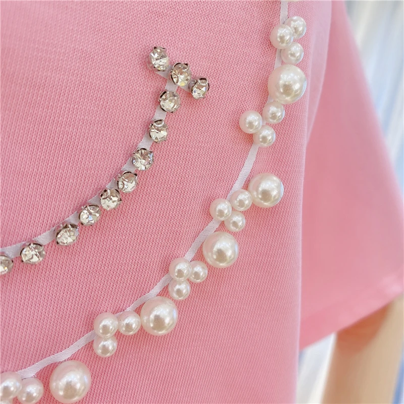 

2021 Summer New Beads Rhinestones Loose Cotton T-shirt Women's Slimming Letters Printed Round Neck Short Sleeve Tops