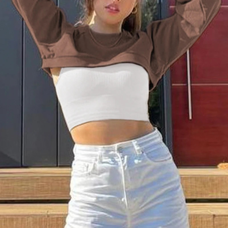 HEYounGIRL Brown Y2K Casual Crop Top Hoodie Sweatshirt Korean Fashion Long Sleeve Women Sweetshirts 2000s Aesthetic Pullovers