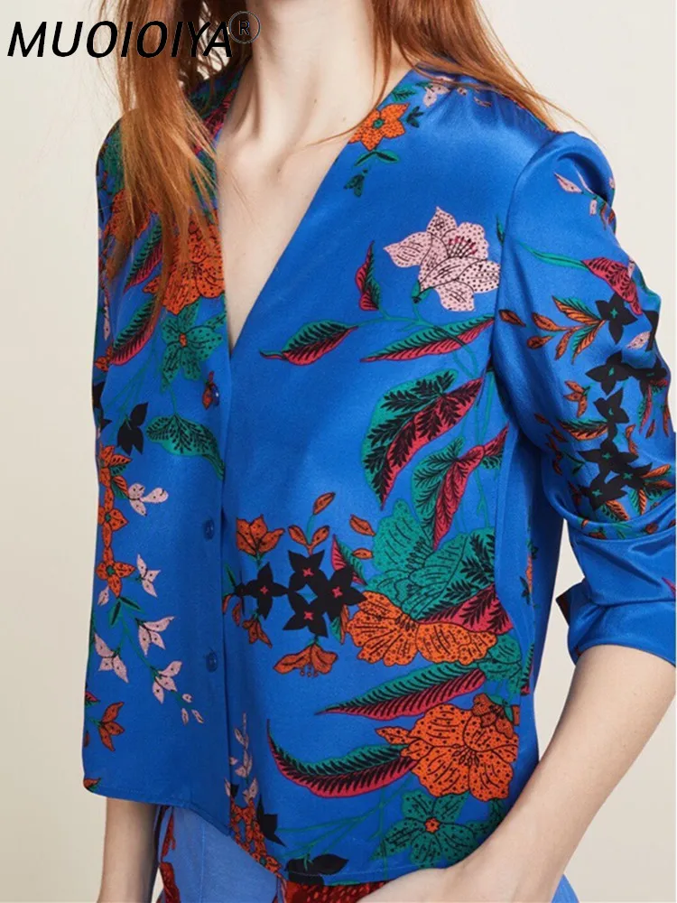 

Women Blue Print Blouse V-Neck 100% Silk Long Sleeve Ladies Soft Shirts Top