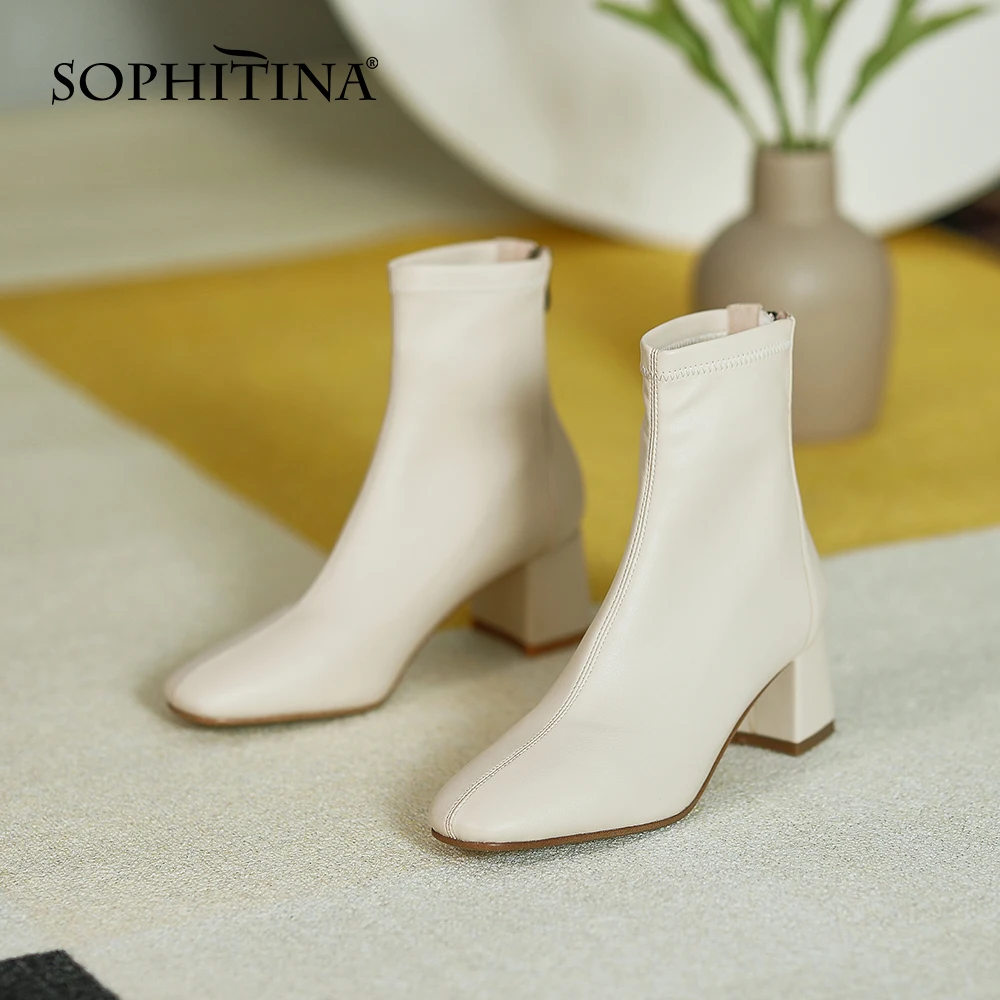 

SOPHITINA Women Ankle Boots Elegant Comfort Short Plush Thick Heels Boots Square Toe Stretch Commute Leisure Women Shoes YO310