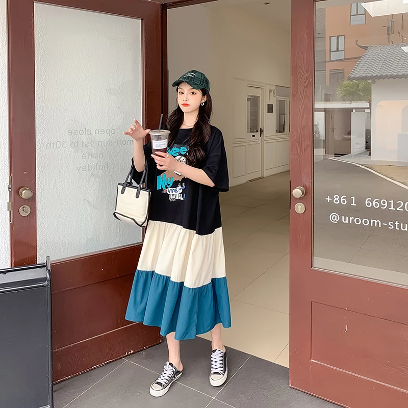 

QING MO 2021 Summer New Women Cartoon Printed Dress Women Patchwork Color Dress Female Plus Size Dress ZQY7026