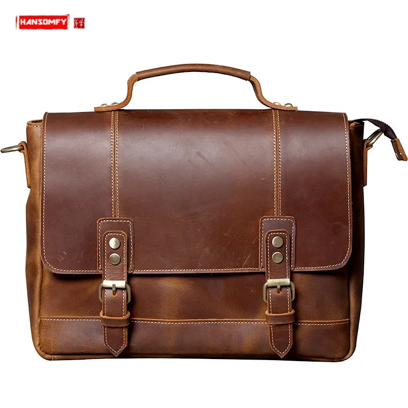 Genuine Leather Briefcase Men Handbag Laptop Bag Business Shoulder Diagonal Bag First Layer Cowhide Retro Male Portable Bags