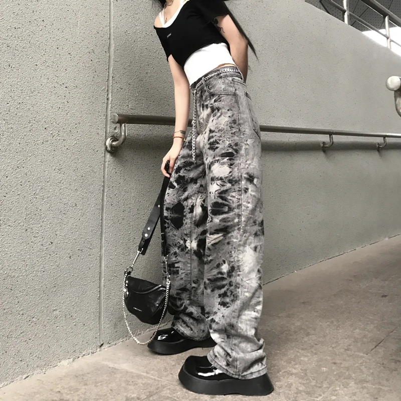 

Big size four seasons popular loose drape wide leg tie dyed straight pants casual jeans boyfriend pants same style