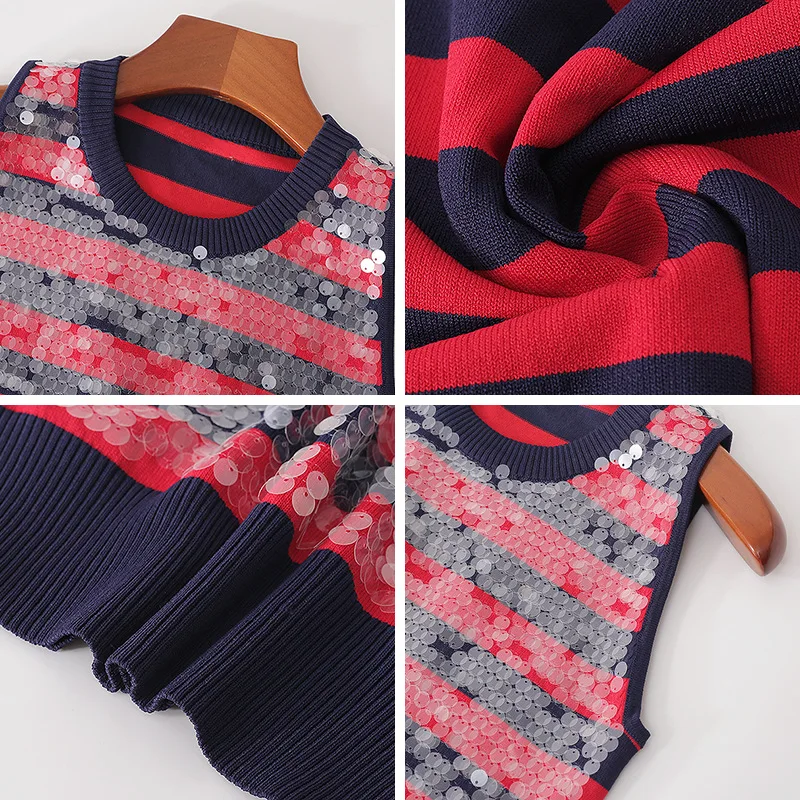 

Sexy Tank Tops Sequined Striped Crop Top Women 2020 Round Neck Sleeveless Sweater Vest Knitted Crop Top Vest T Shirt Womens Tops