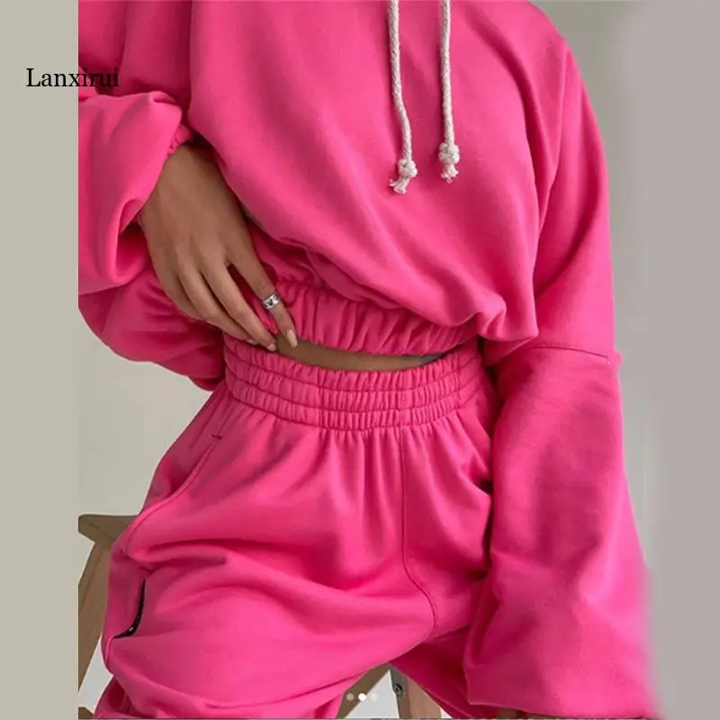 

Fleece Tracksuits Women's Solid Hoodie Two Piece Set Spring Autumn Elastic Waist Sweatshirts Female Casual Sport Suit