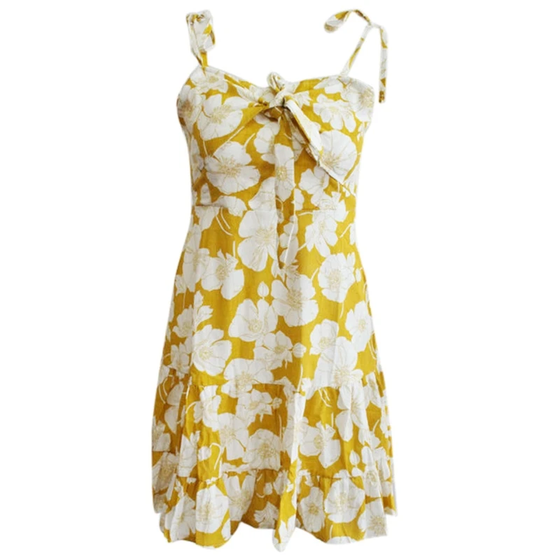 

Womens Tie Front Spaghetti Straps Summer Mini Dress Tassel Floral Print Casual BX0A