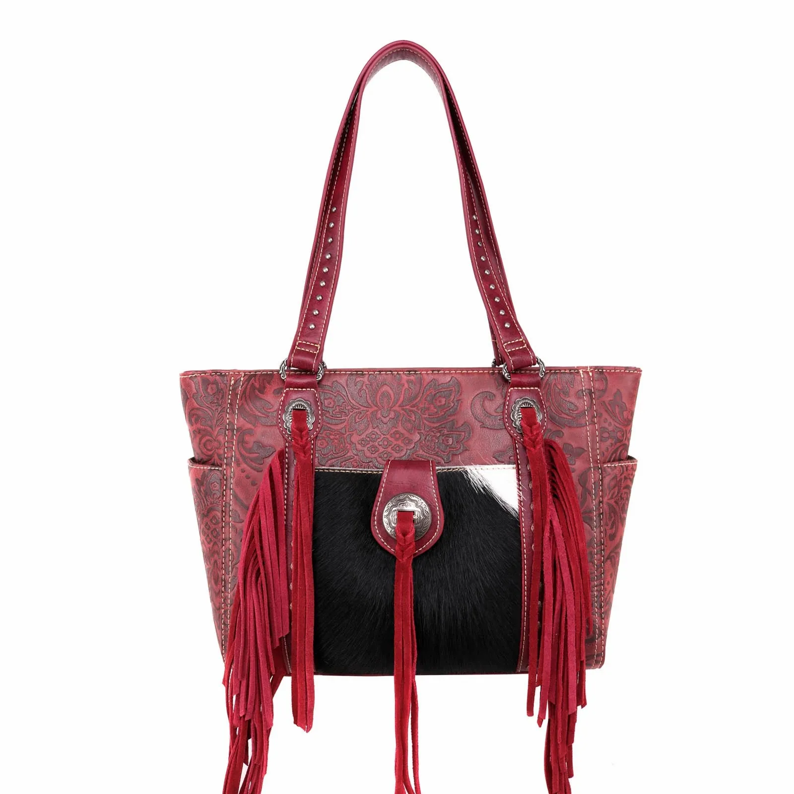 

Trinity Ranch Hair-On Leather Collection Concealed Handgun Wide Tote Vintage Floral Embossed Bag