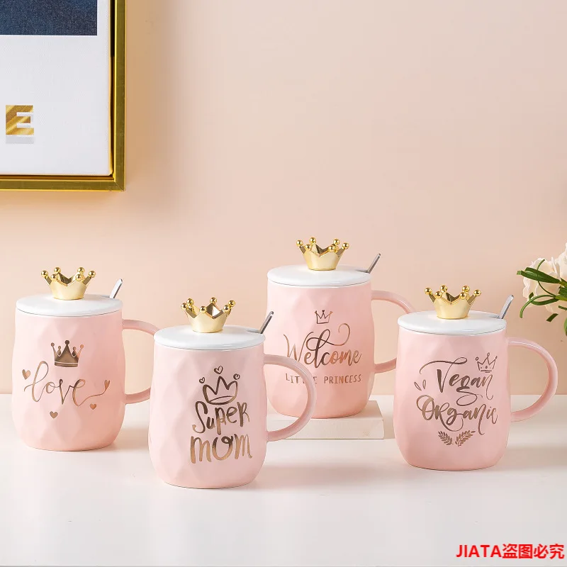 

Creative Pink Crown Mug Cute Girl Ceramic Cup Net Red Coffee Cup Nordic Couple Water Cup with Lid Spoon