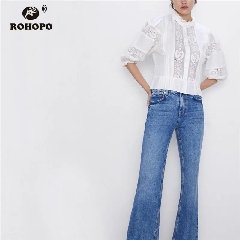 ROHOPO Осенняя шикарная хлопковая блузка с круглым вырезом и рукавами до локтя