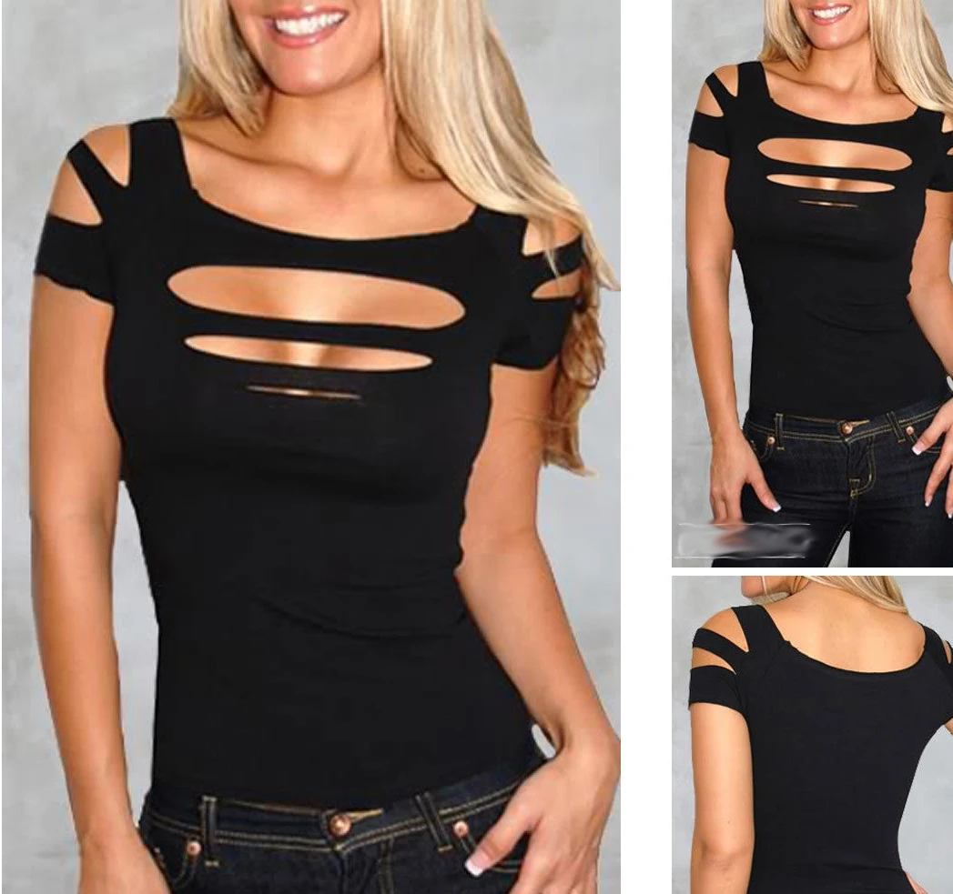 Женская одежда Черная майка с вырезами на груди однотонные повседневные топы