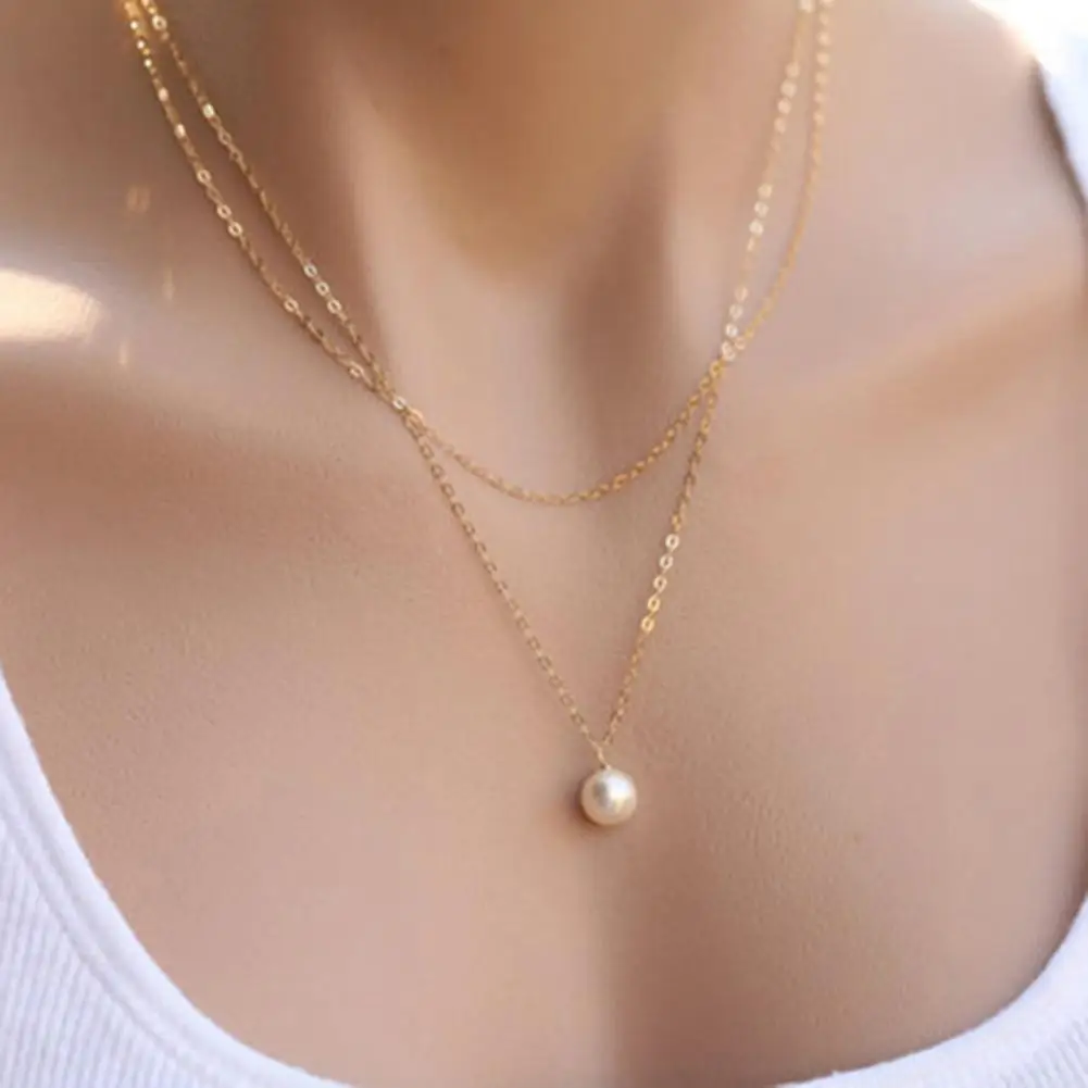 

80% Hot Sale Pearl Necklace Simple Wear-resistant Women Double Layer Faux Pearl Pendant Chain for Party Jewelry Gift