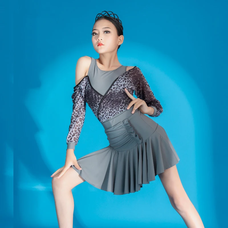 

New Split Leopard Print Tops Dance Skirts Chacha Latin Practice Clothes For Girls Latin Dance Costumes Performance Wear DQS7994