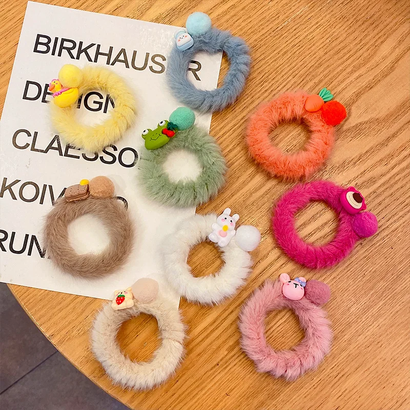

Cute Sweet Rabbit Fur Elastic Hair Bands Girls Women Cartoon Fur Ball Hair Rings Candy Color Plush Hair Accessories