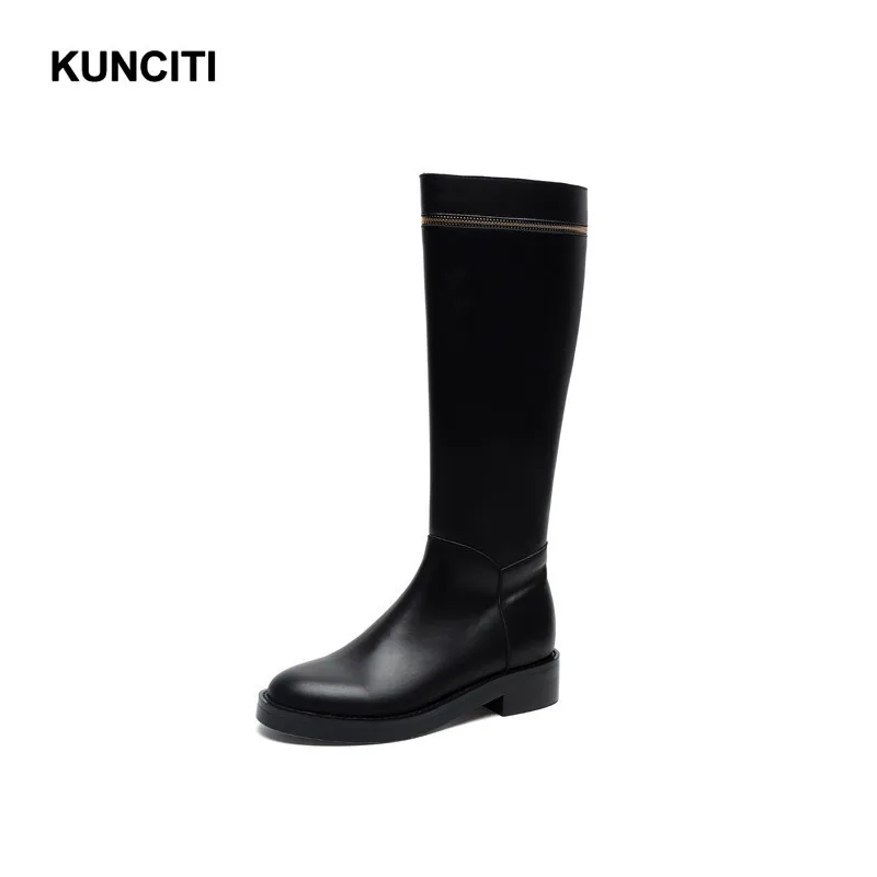 KUNCITI/; женские зимние сапоги до колена; сапоги на квадратном каблуке; ботинки в байкерском стиле; женская обувь на молнии; высококачественные высокие сапоги; B912