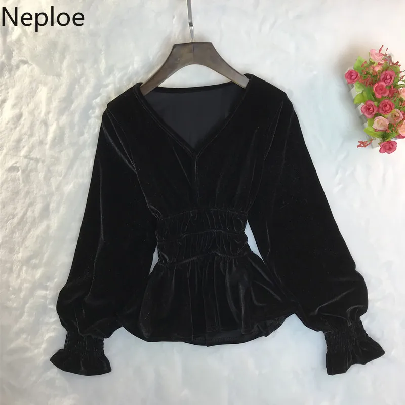 Neploe, v-образный вырез, тонкая талия, рукав-фонарик, бархатная блузка для женщин, элегантные оборки, длинный рукав, Blusas Mujer, облегающая короткая рубашка 46384