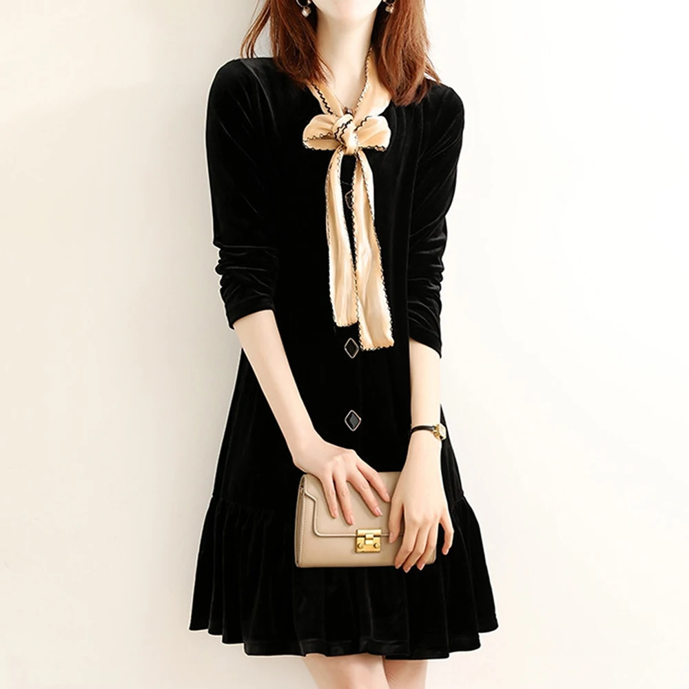 

2021 Autumn Women's Dresses New Korean Fashion Velvet Long-sleeved Elegant Slimming Dress Women Temperament Ladies Vestidos