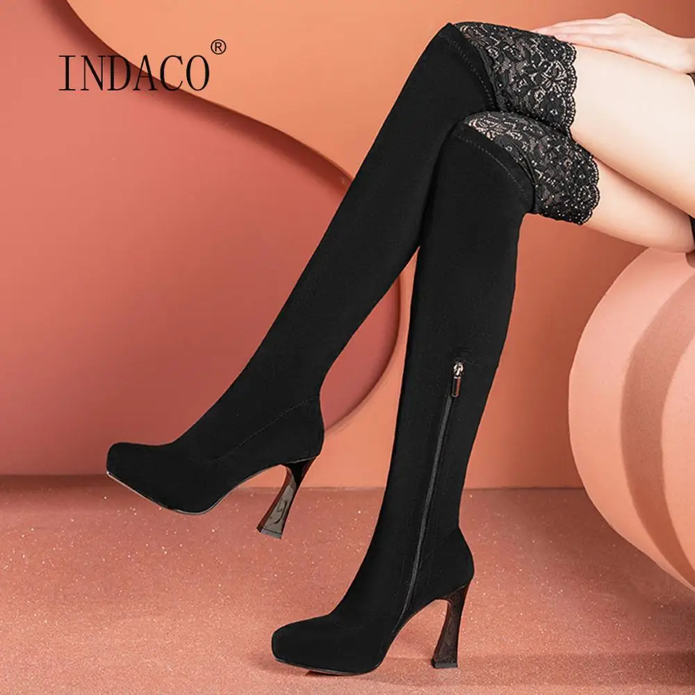 

Женские ботфорты выше колена из флока; Ботинки с острым носком; Женские ботинки на шнуровке зимние сапоги пикантные туфли на высоком каблук...