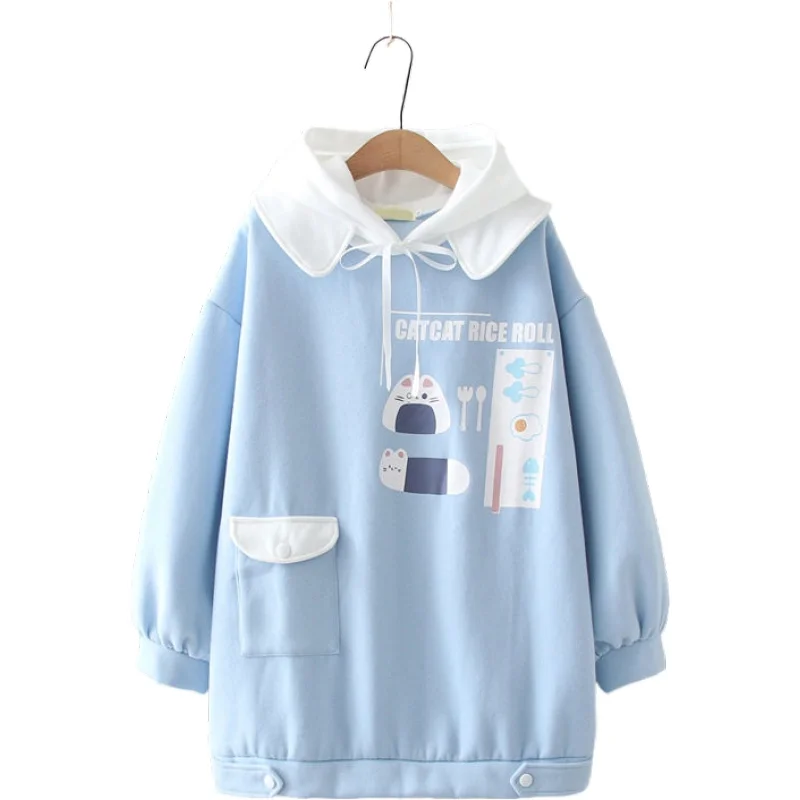 

Зимнее Новое поступление, женские толстовки средней длины в Корейском стиле с флисовой подкладкой, милый толстый свитшот с капюшоном для девочек, милый пуловер, 2011034