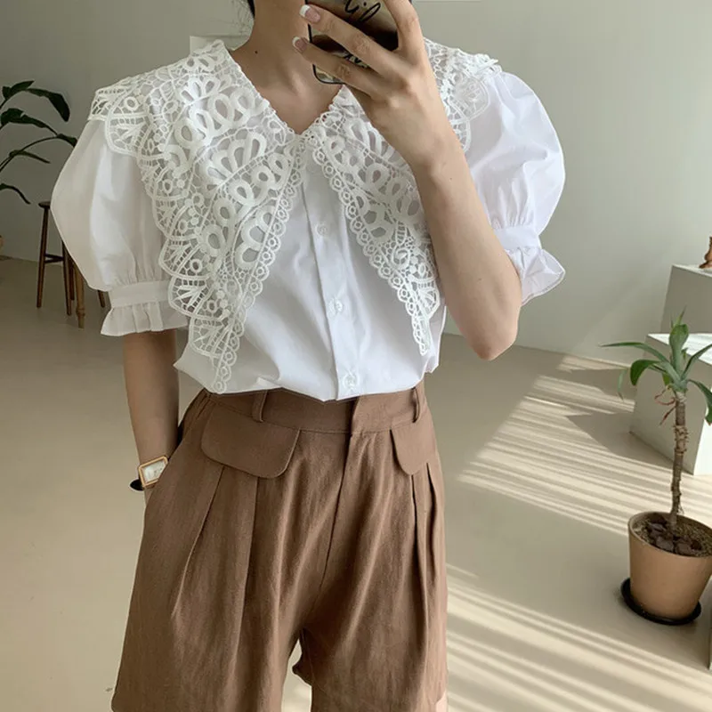 

Elegant Vintage Lace Lapel White Blouses Women 2021 New Summer Korean Style Puff Sleeve Tops Shirt Femme Blusas