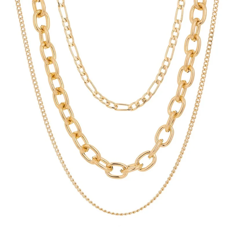 

2021 new retro thick chain multi-layer necklace for women fashion exaggerated hip hop gold metal pendant jewelry wholesale