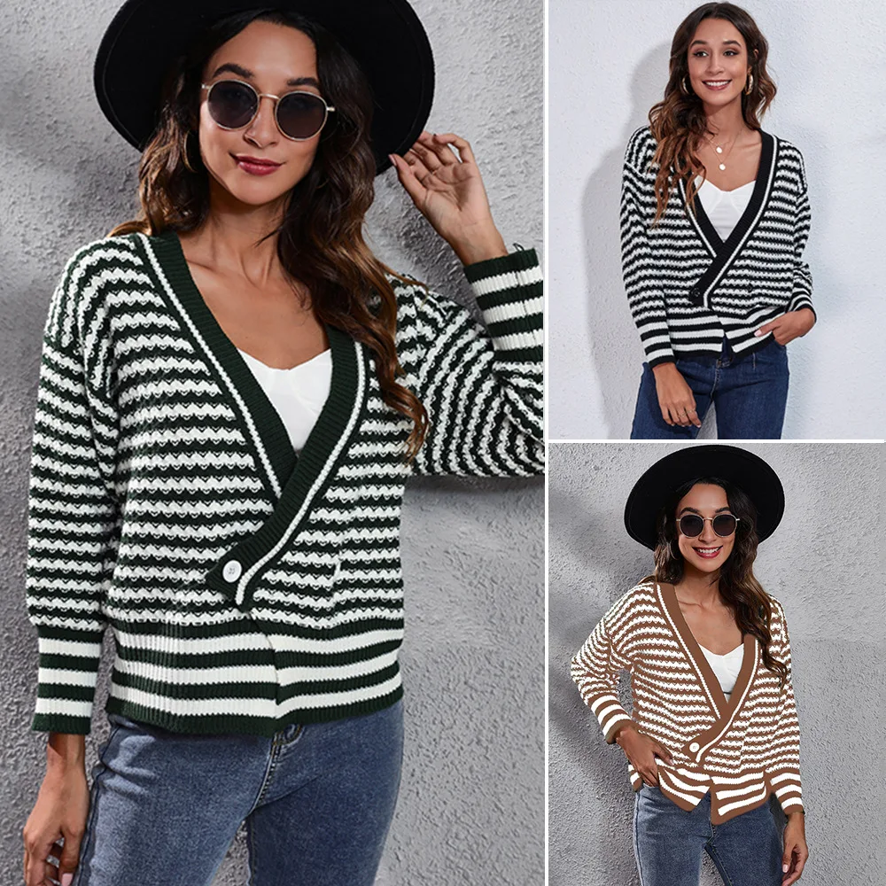 

2022 Spring Autumn Women's Fashion V-neck Striped Knitwear Lady Loose Casual Long Sleeve Sweater Female Cropped Black Cardigan