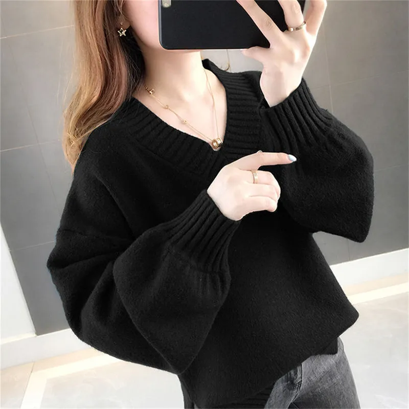 

High-quality Core-spun Yarn Thick 2021 Autumn And Winter New Women's Sweater V-neck Pullover Loose Solid Color Sweater