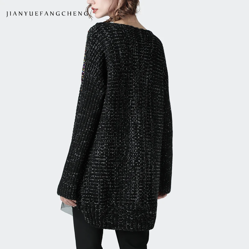 Размера плюс для женщин свитер с пайетками шерстяной трикотажный пуловер