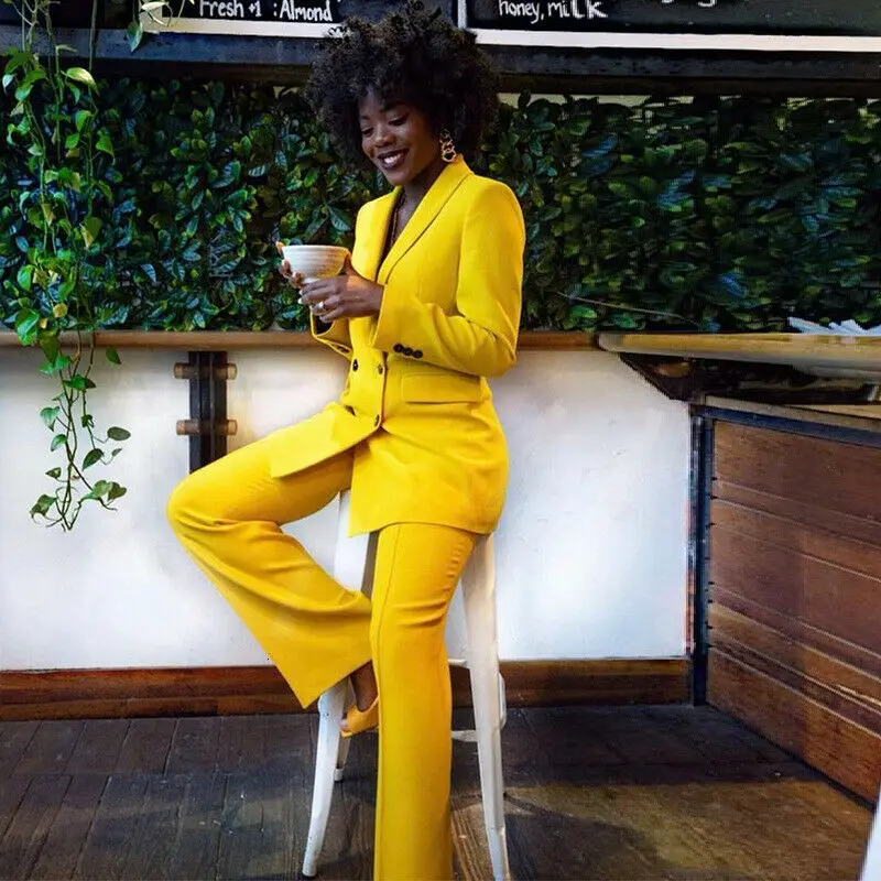 Women's 2-piece Yellow Suit Professional Office Work Wear Business Slim Fit Jacket Party Blazer + Pants