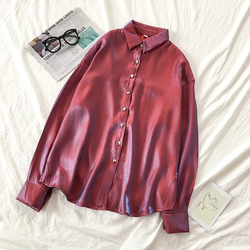 Новинка 2019 Ретро стиль поляризационная атласная рубашка с длинным рукавом