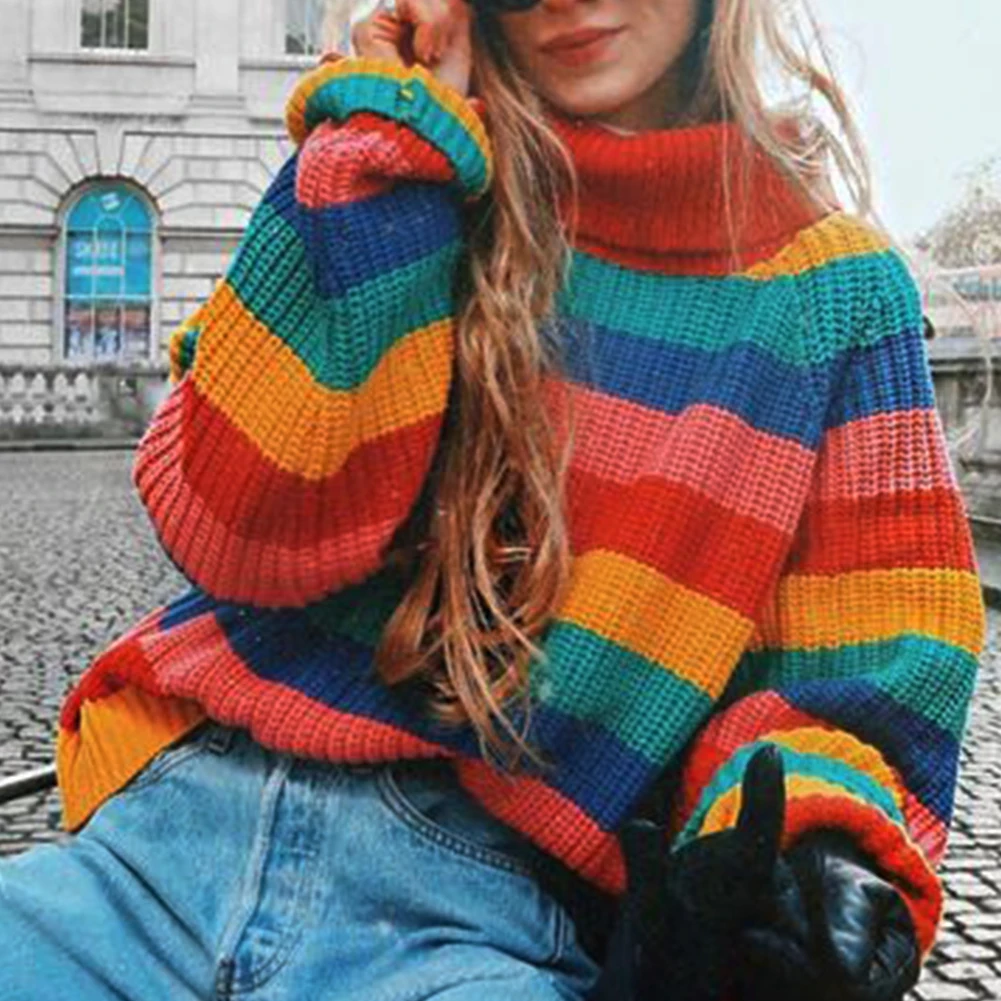Loose Pullover Women Sweater Spring Party Comfortable Rainbow Striped Winter Soft Charming Long Sleeves Autumn Casual Turtleneck | Женская