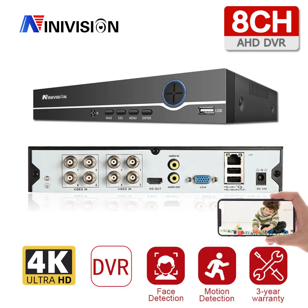 

8CH 8MP 6in1 HD TVI CVI XVI AHD IP Security DVR Recorder H.265 Digital Video Recorder With Smart Face Motion Detection Playback