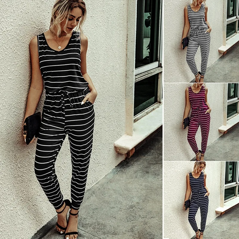 

Women Jumpsuit Summer Striped Sexy Backless One Piece Outfit Women Clothes with Pocket