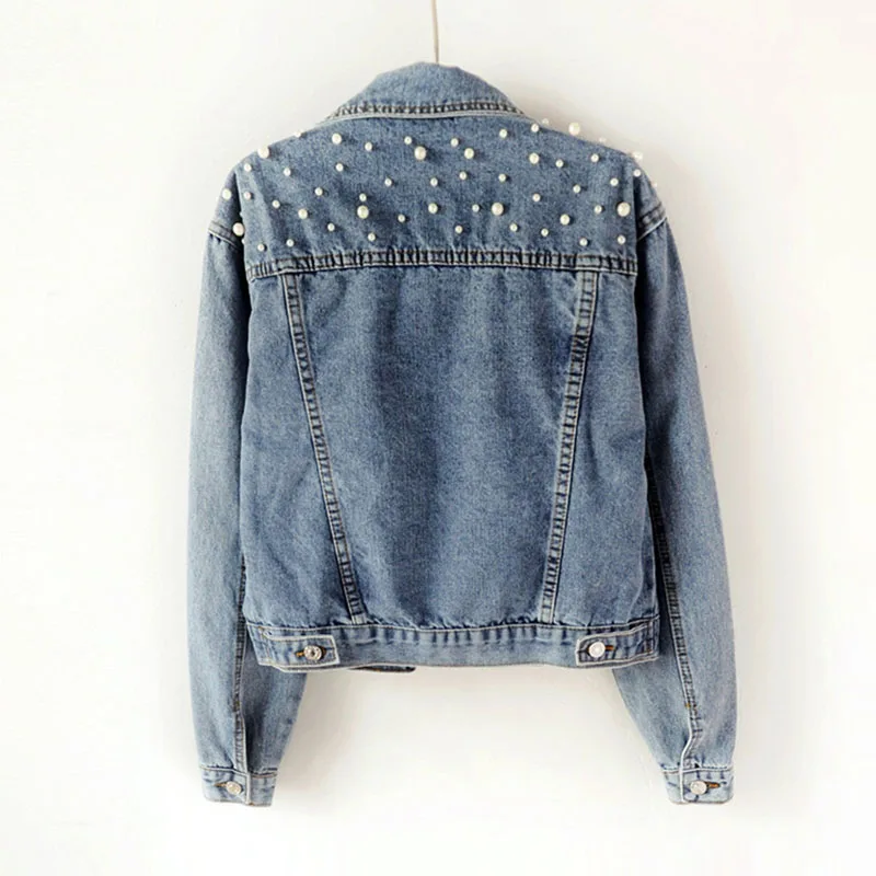 

Plus 5XL New Spring Pearl Beading Crop Denim Jackets Women Casual Jeans Bomber Jacket Long Sleeve Denim Coat KoreaN