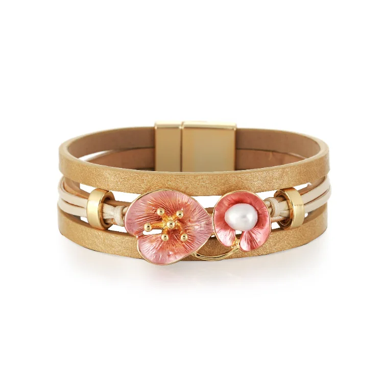 

ORNAPEADIA 2021 New Ethnic Leather Bracelet for Women Geometric Crystal Bead Magnetic Buckle Female Bracelet Wholesale Jewelry
