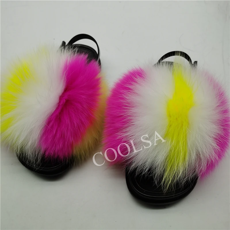 Real Fox Fur Slippers Toddler Fur Slides Kids Fur Flip Flops Children Fur Slides Girls Flat Colorful Fur Slippers Drop Shipping