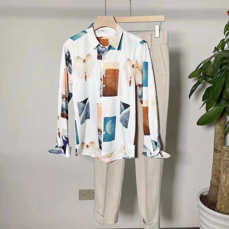 

Fashion Mens New Slim Print Design Shirt Turn-Down Collar Single Breasted Breathable Korean Style High Quality Casual Blouse